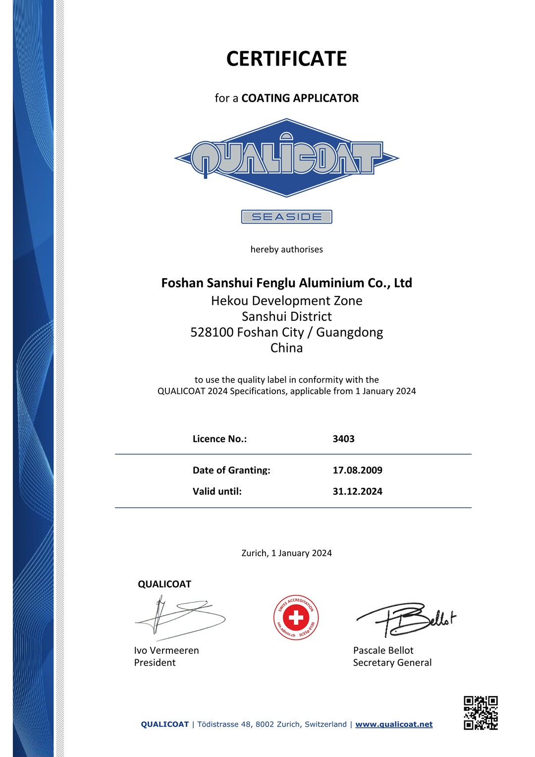 European Standard Qualanod Product Certification (Spray Coating)