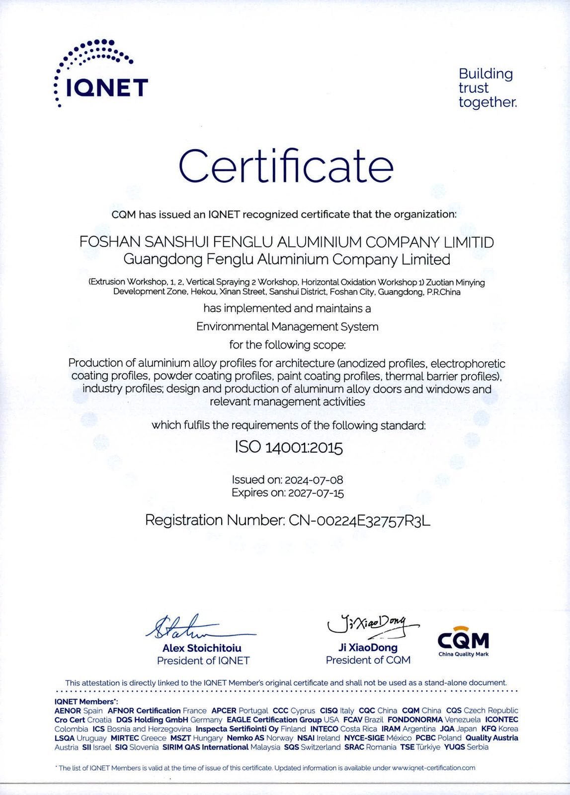 Environmental Management System IQNET Certificate