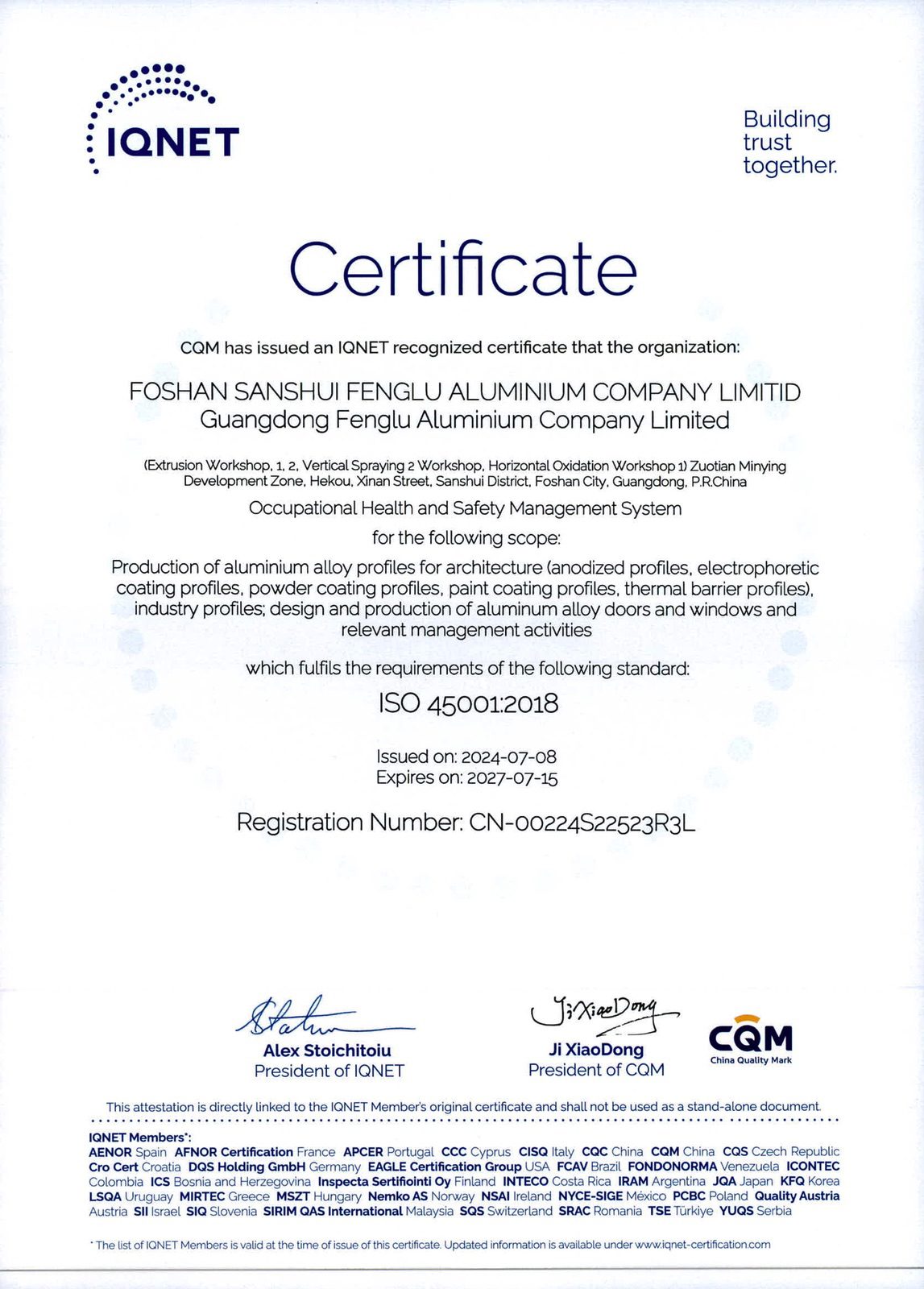 Occupational Health and Safety Management System IQNET Certificate