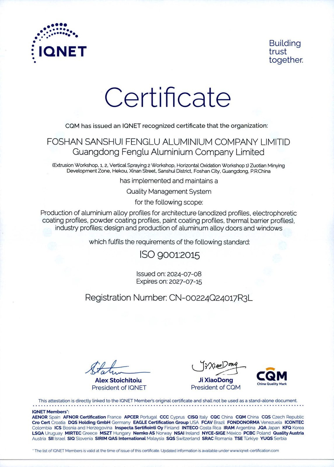 Quality Management System IQNET Certificate